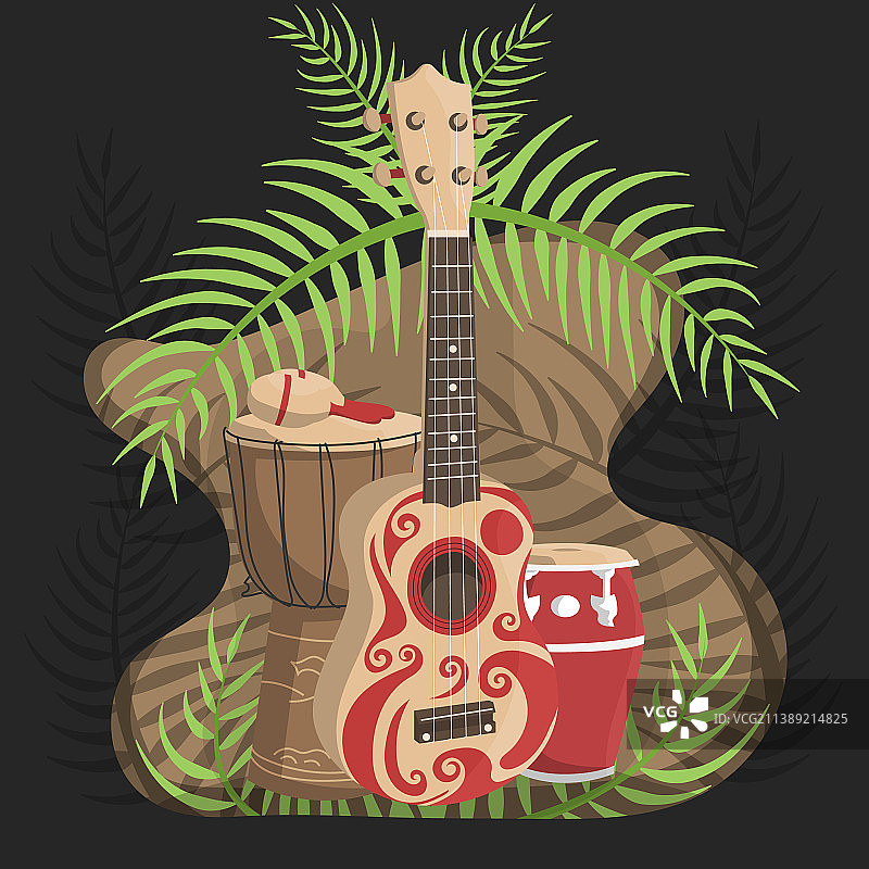 夏威夷吉他与非洲鼓和棕榈叶图片素材