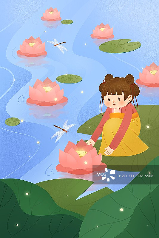 在河边放花灯的小女孩图片素材