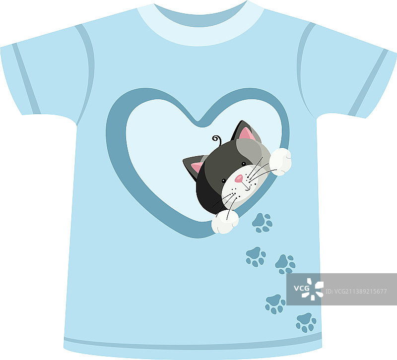 心形猫咪图案蓝色T恤图片素材