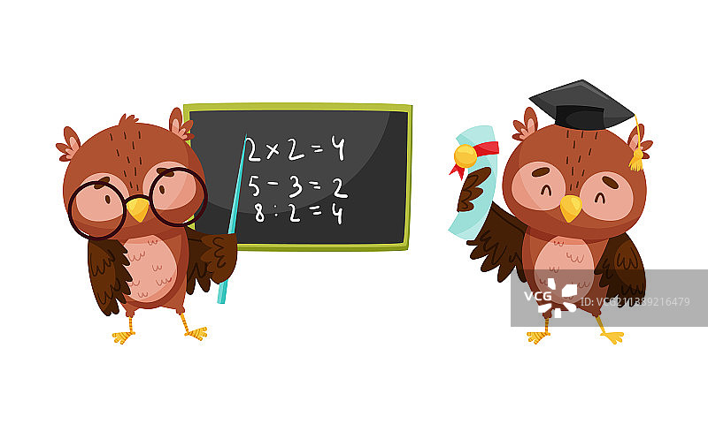 可爱聪明的猫头鹰幼崽站立套装图片素材