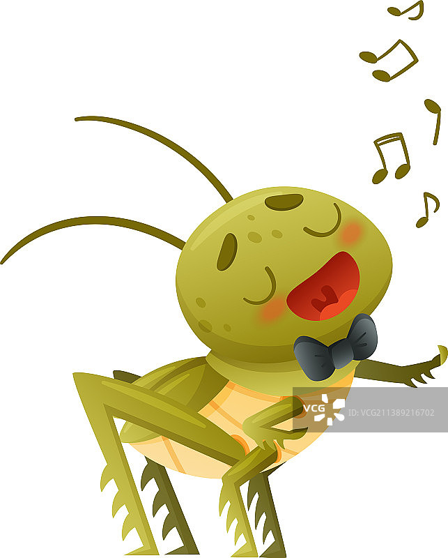 系着黑色蝴蝶结唱歌的可爱绿色蚱蜢图片素材