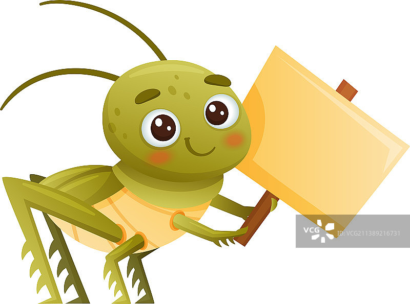 可爱的绿色蚱蜢举着空白标牌图片素材