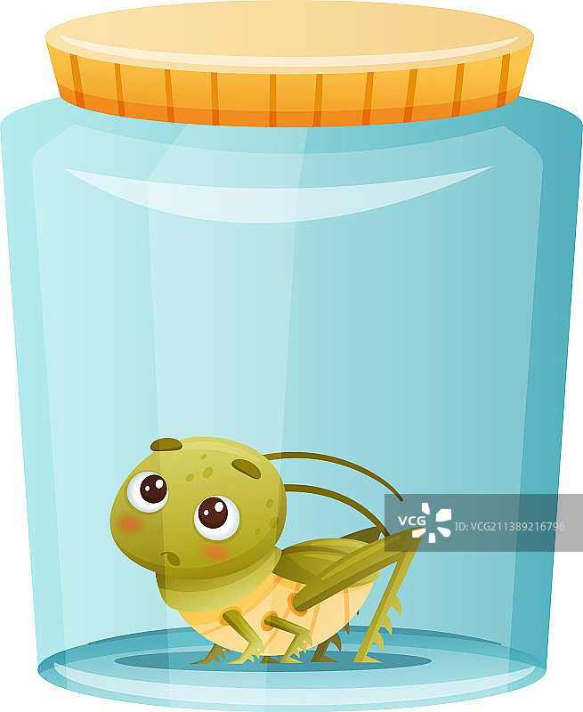 坐在罐子里的可爱绿色蚱蜢滑稽宝贝图片素材
