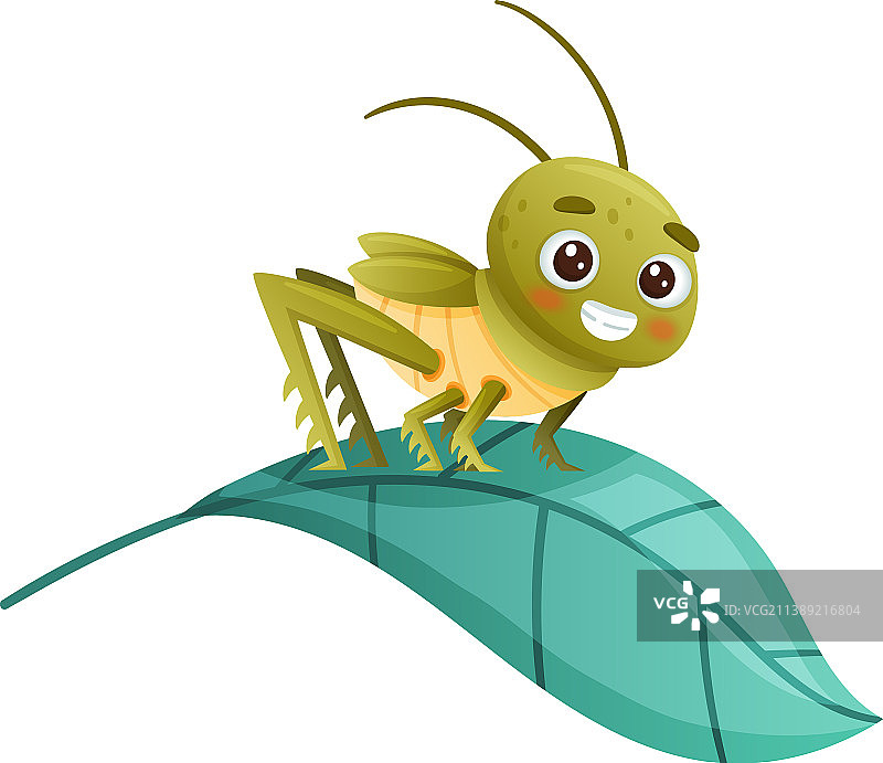 坐在绿色上的可爱微笑绿色蚱蜢图片素材