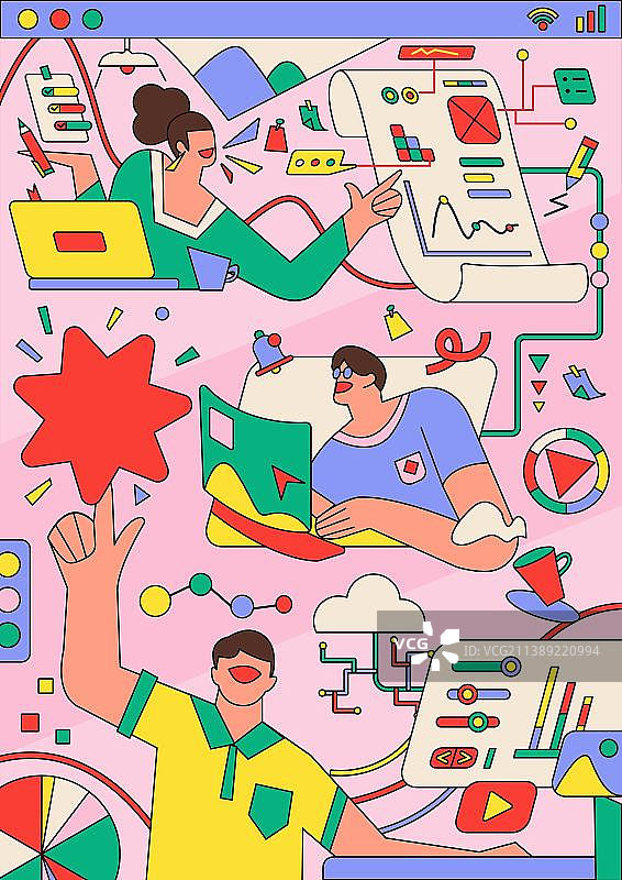 扁平描线矢量线性互联网多人居家办公运营插画设计图片素材