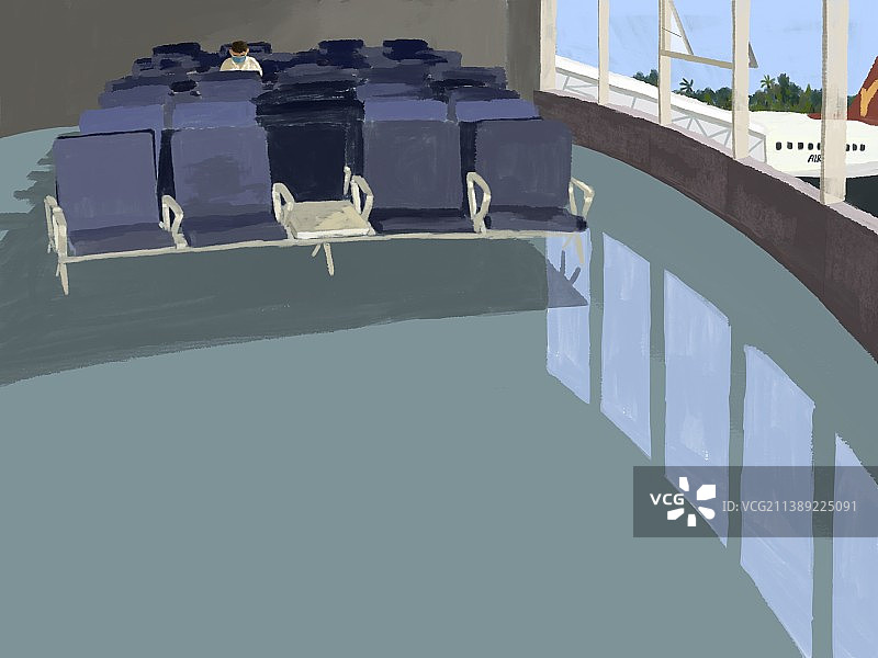 机场候机手绘绘本风冷色调图片素材