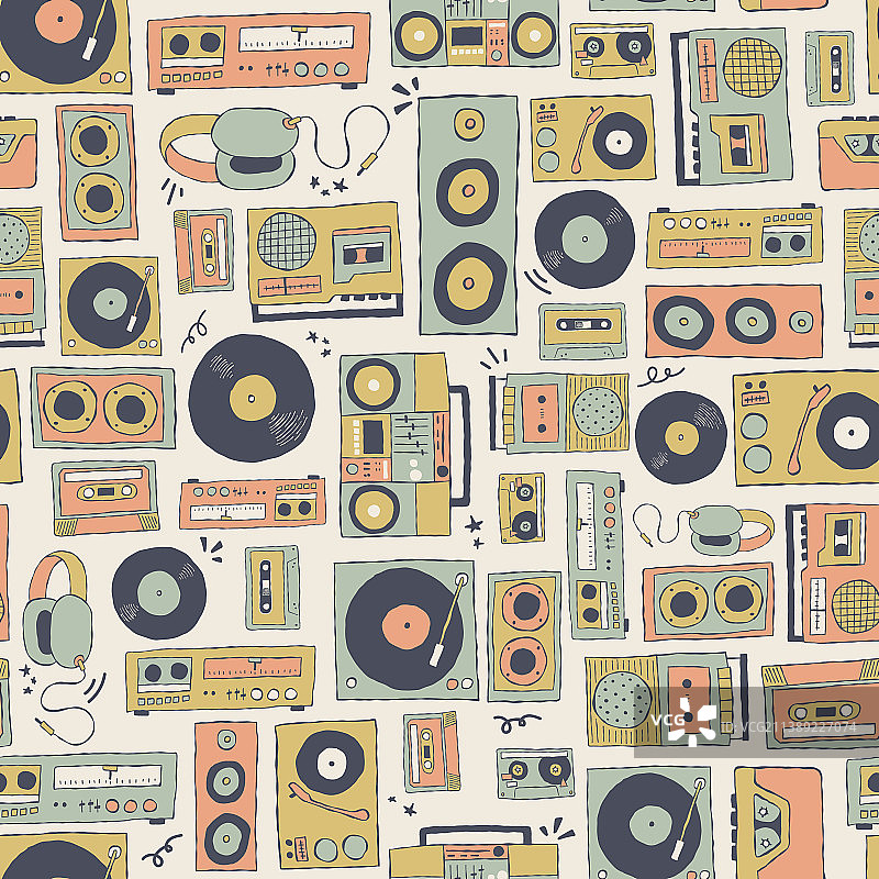 复古音乐播放器和技术无缝图案图片素材
