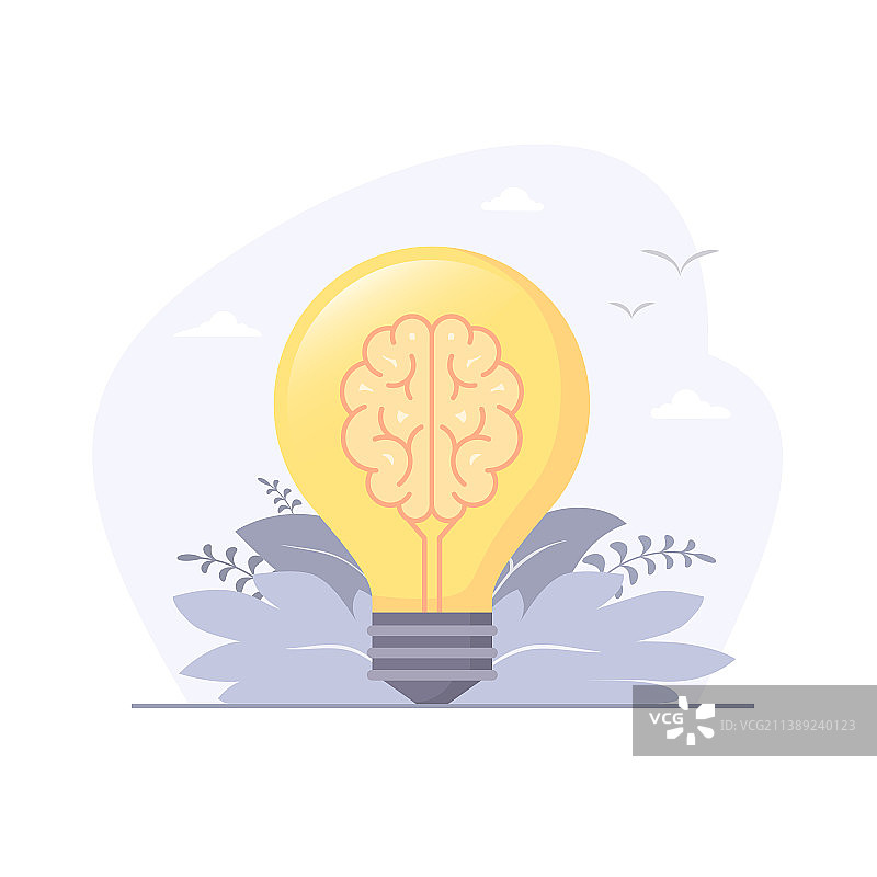 灯泡中的人脑扁平设计图片素材