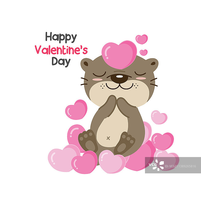可爱的水獭拿着粉红色的心庆祝情人节图片素材