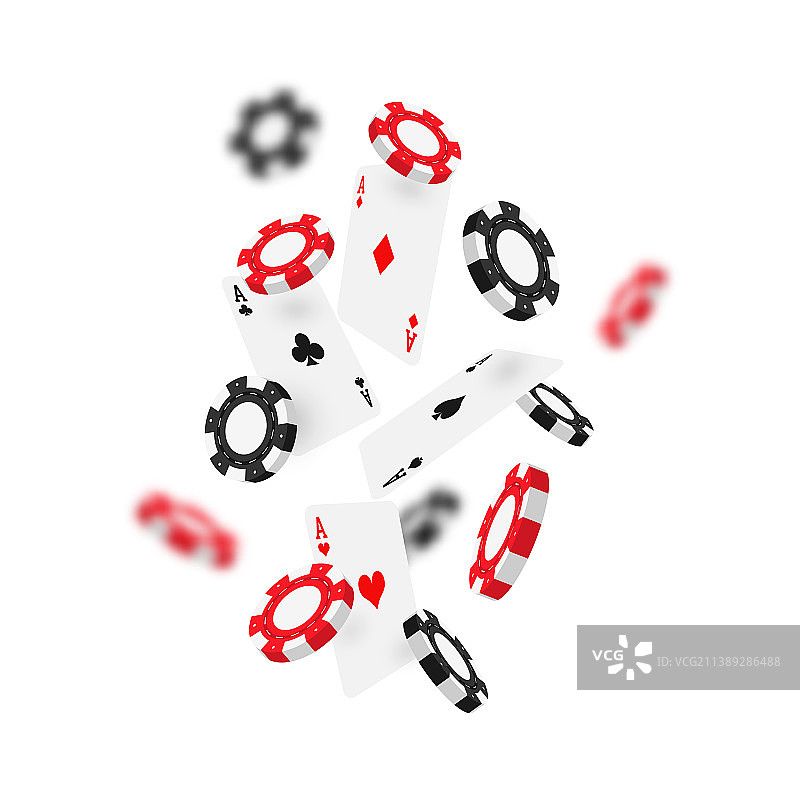 飞行中的赌场筹码和扑克牌，黑色和红色图片素材
