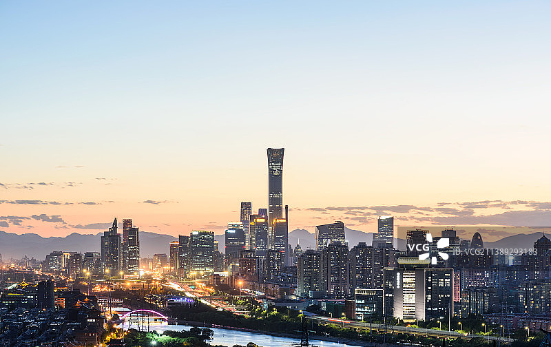 北京国贸CBD建筑群和四惠桥日落城市风光图片素材