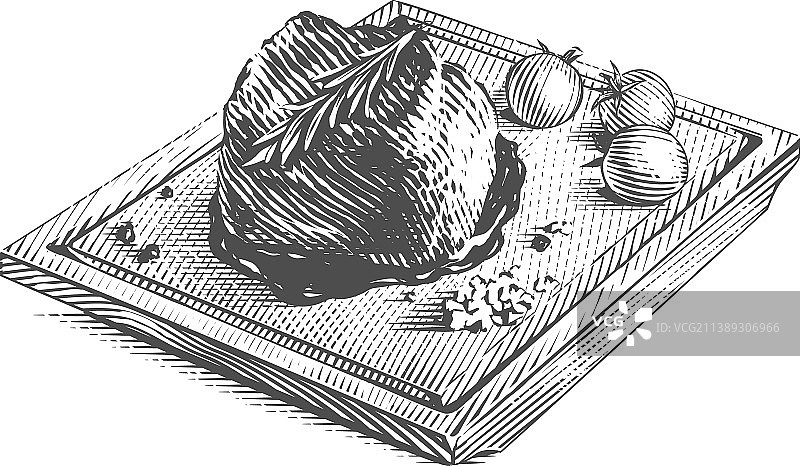 木板上手绘的菲力牛排图片素材