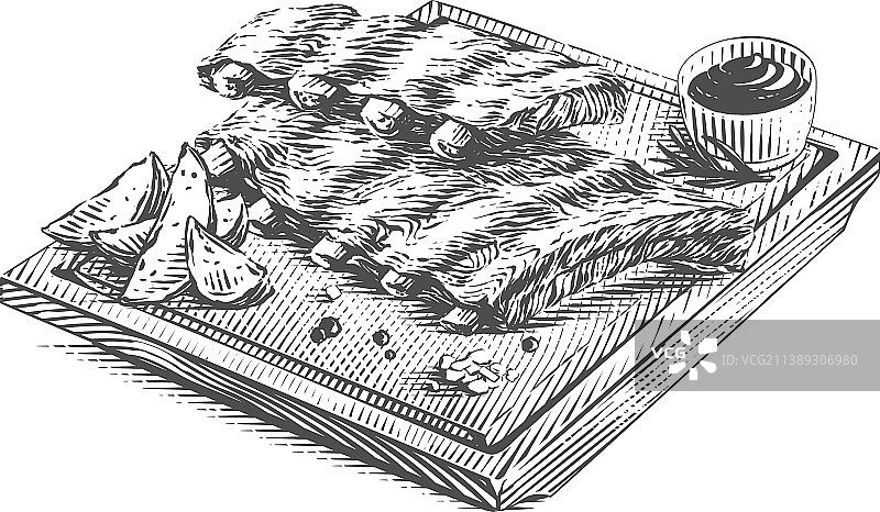 手绘猪排骨砧板速写图片素材