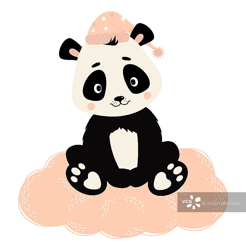 戴着睡帽坐在粉色云朵上的可爱熊猫图片素材