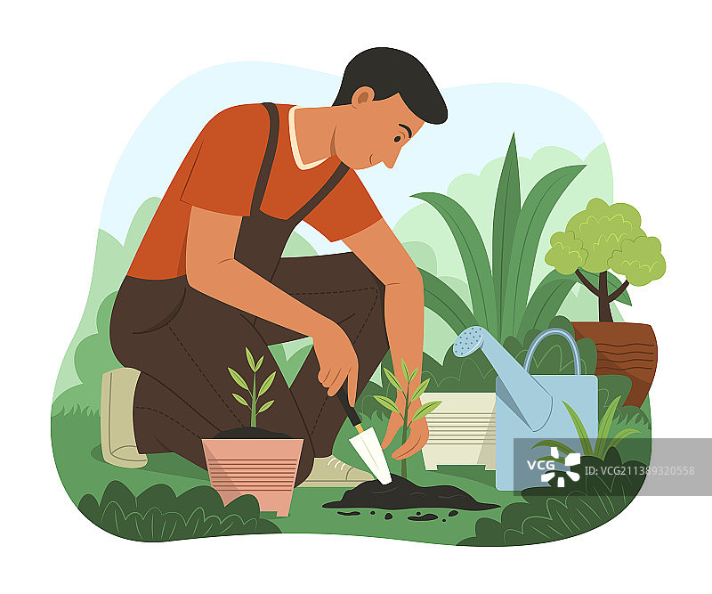 男人在花园里种树图片素材