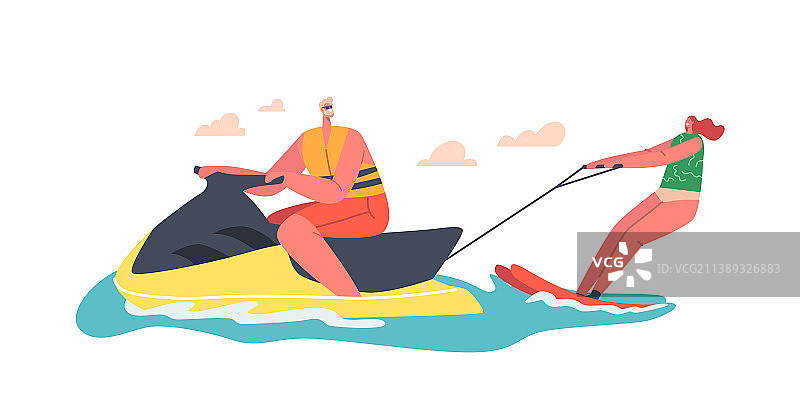 快乐女子玩水上滑雪极限运动图片素材