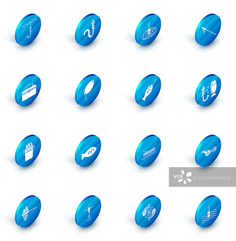 渔具套装：鱼钩、鱼饵、鱼漂、渔网、鱼箱图片素材