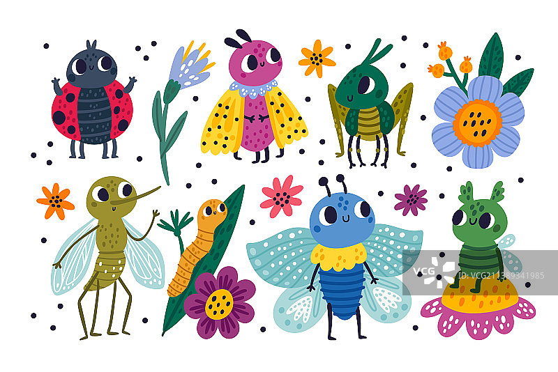趣味彩色昆虫角色自然图案图片素材