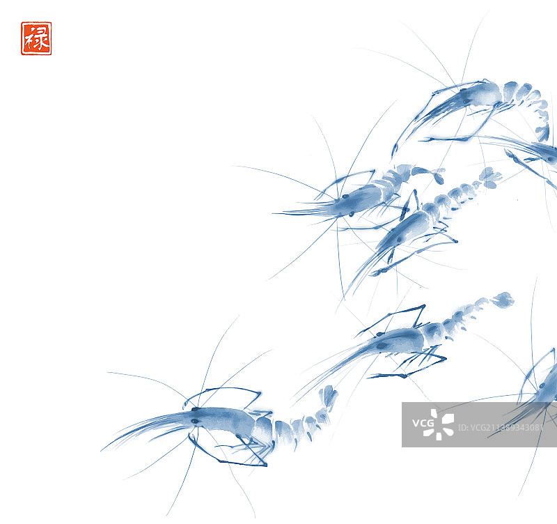 极简风格蓝色海洋虾墨水画图片素材