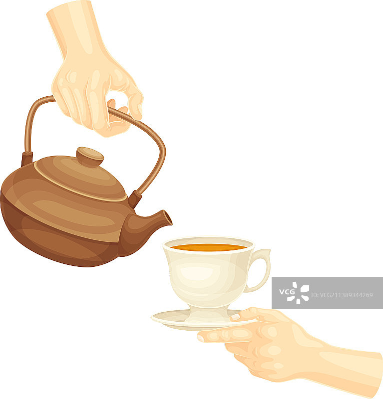 手将热红茶从陶壶倒入图片素材