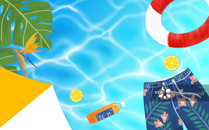 夏日水波沙滩裤遮阳伞游泳圈饮料图片素材
