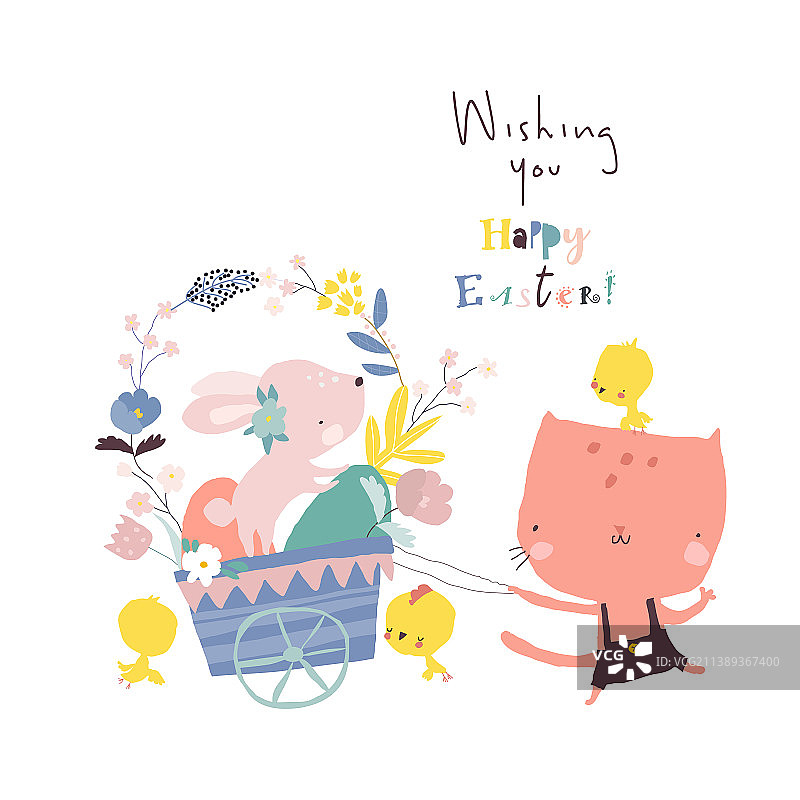 有趣的猫 carrying 一辆装有复活节兔子的车图片素材