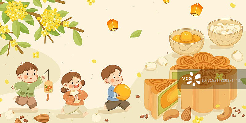 手绘传统中秋欢乐儿童和桂花月饼图片素材