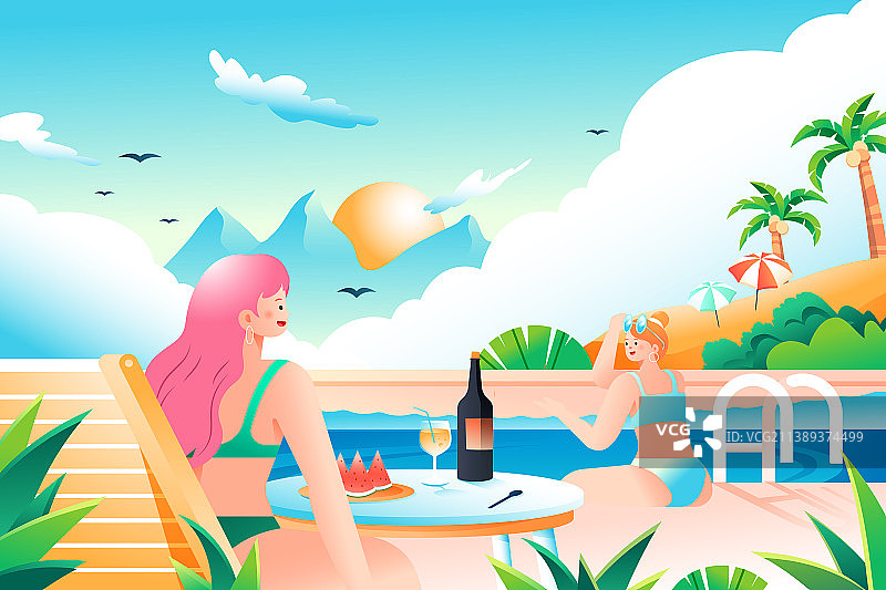 卡通夏季夏天海边休闲度假美女比基尼游泳大暑放假暑期海岛海边出游旅游电商消费商务促销风景渐变矢量插画图片素材