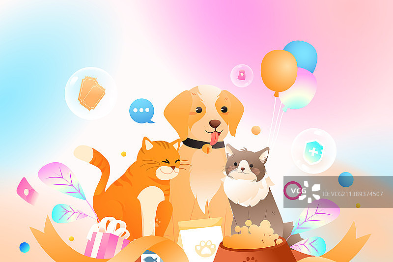 卡通宠物爱宠亲子时刻动物保护猫咪喵星人猫粮猫砂狗零食礼包呵护医疗健康电商购物节促销渐变矢量插画图片素材