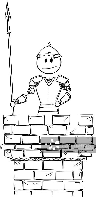 卡通士兵在城堡塔楼上站岗图片素材