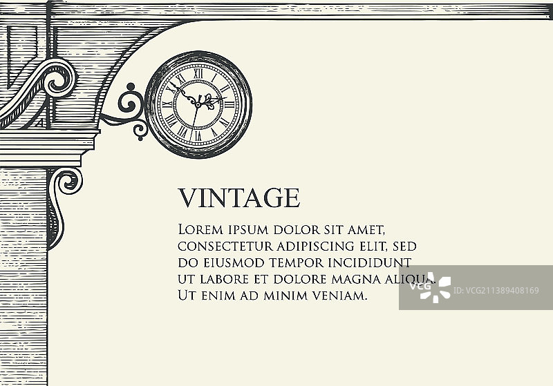 具有中世纪拱门和旧时钟的复古背景图片素材