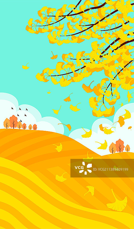秋季扁平风景插画立秋秋分节气银杏落叶图片素材