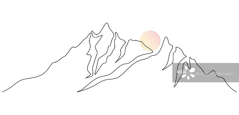 日落和山脉连续线条画图片素材