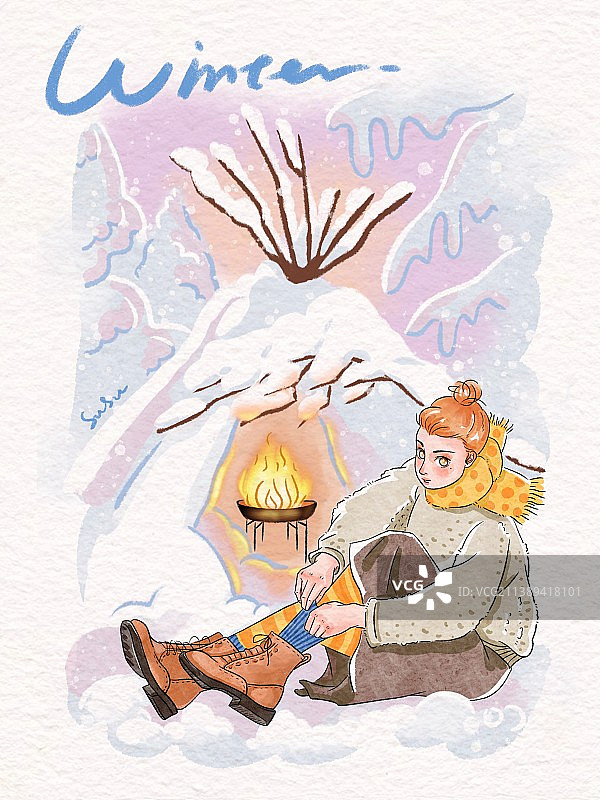 季节少女之冬季雪屋篝火图片素材
