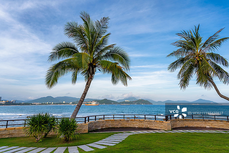 热带碧海蓝天海岸椰树草地石板路风景图片素材