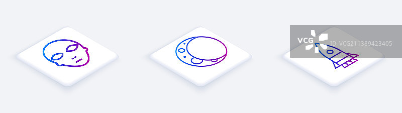 2.5D线条外星月亮和火箭飞船图片素材