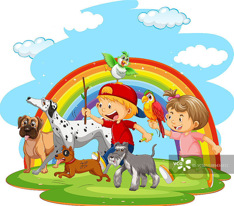 两个孩子和狗玩耍图片素材