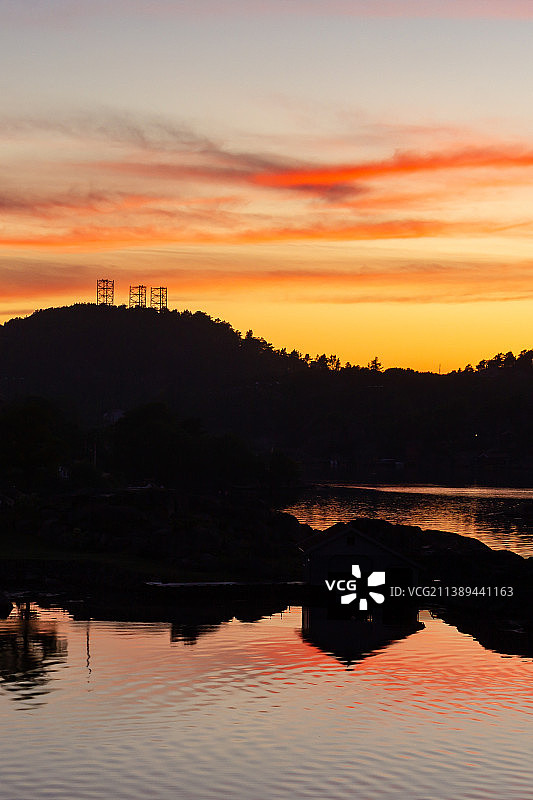 挪威曼达尔橙色天空下的湖泊风光图片素材