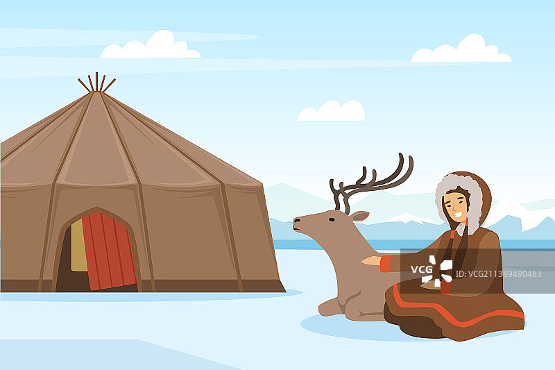 爱斯基摩土著妇女与鹿在小屋旁图片素材