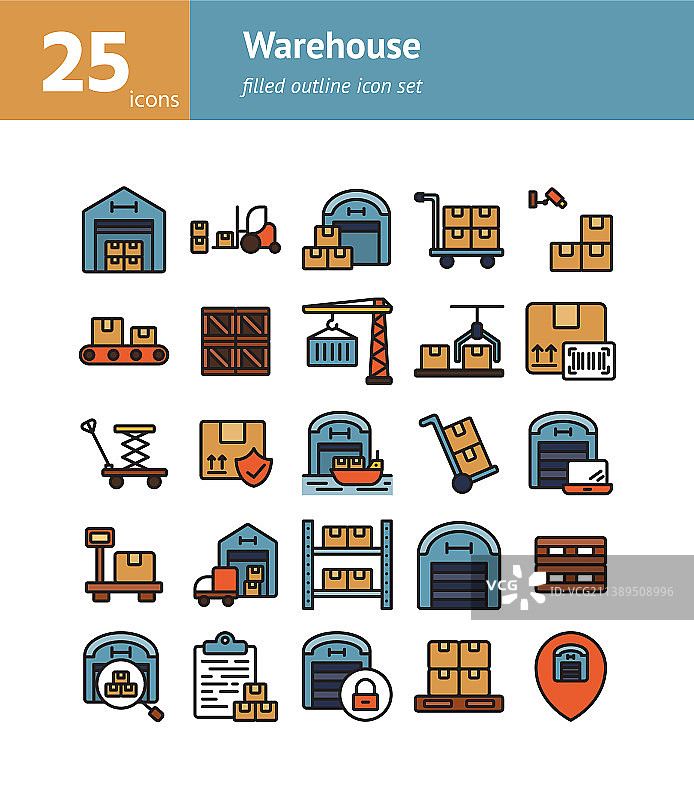 仓库填充轮廓图标集图片素材