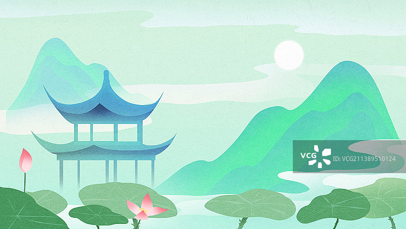 夏天的荷塘亭台楼阁新中式风格风景插画图片素材