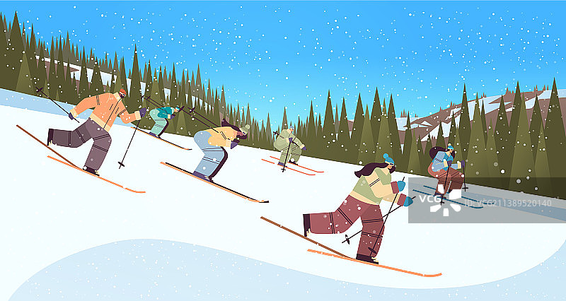滑雪的人们：男女游客的滑雪活动图片素材