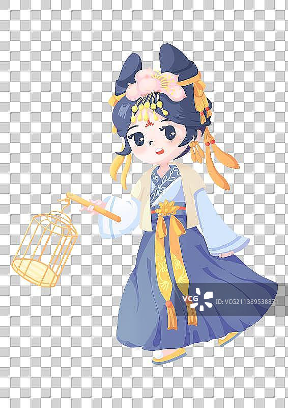 古风提着鸟笼的女孩图片素材