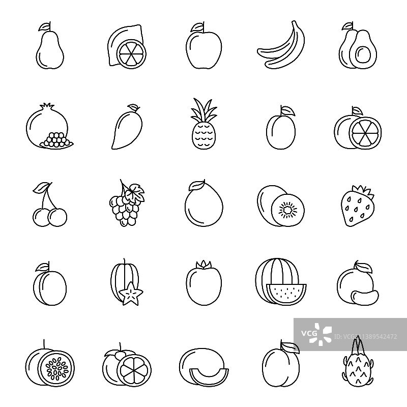白色背景上的水果和浆果线条图标图片素材