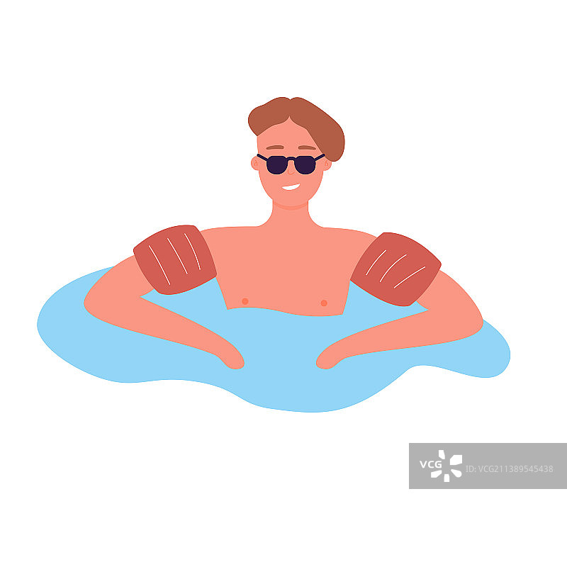 戴着游泳圈和眼镜的酷男孩在水中漂浮图片素材