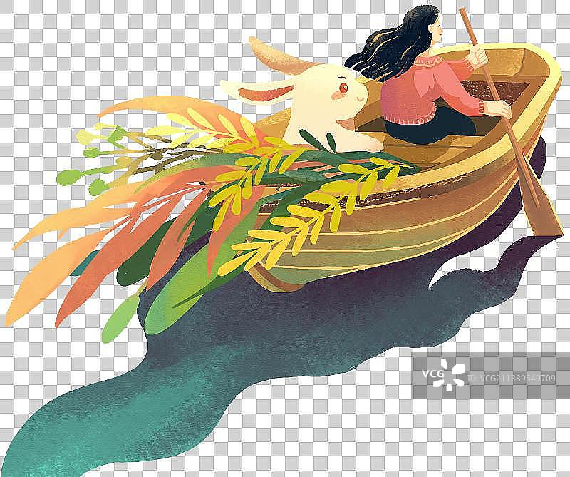 划船的女孩和兔子图片素材