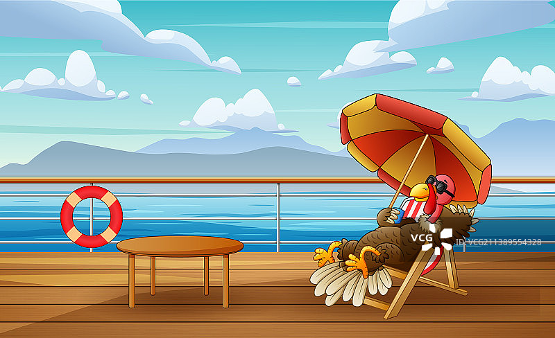 可爱卡通火鸡在躺椅上享受日光浴图片素材