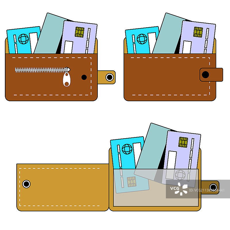 各式各样的棕色皮革钱包和银行卡图片素材