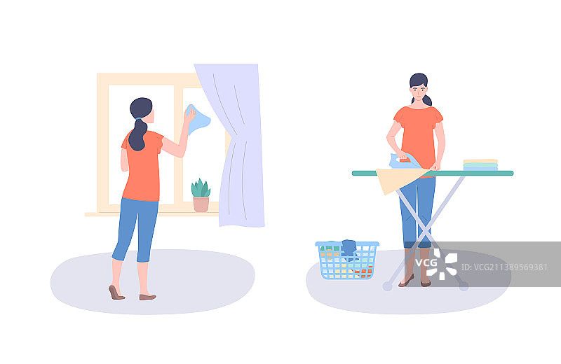 快乐的女人洗窗户和熨衣服图片素材
