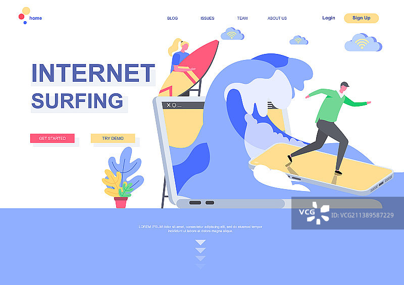 网上冲浪扁平风格着陆页模板图片素材